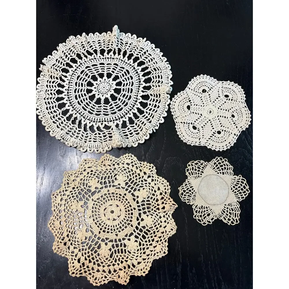 Vintage- Cottage Doilies Squares Assorted Lot of 4- tan beige- Shabby Chic